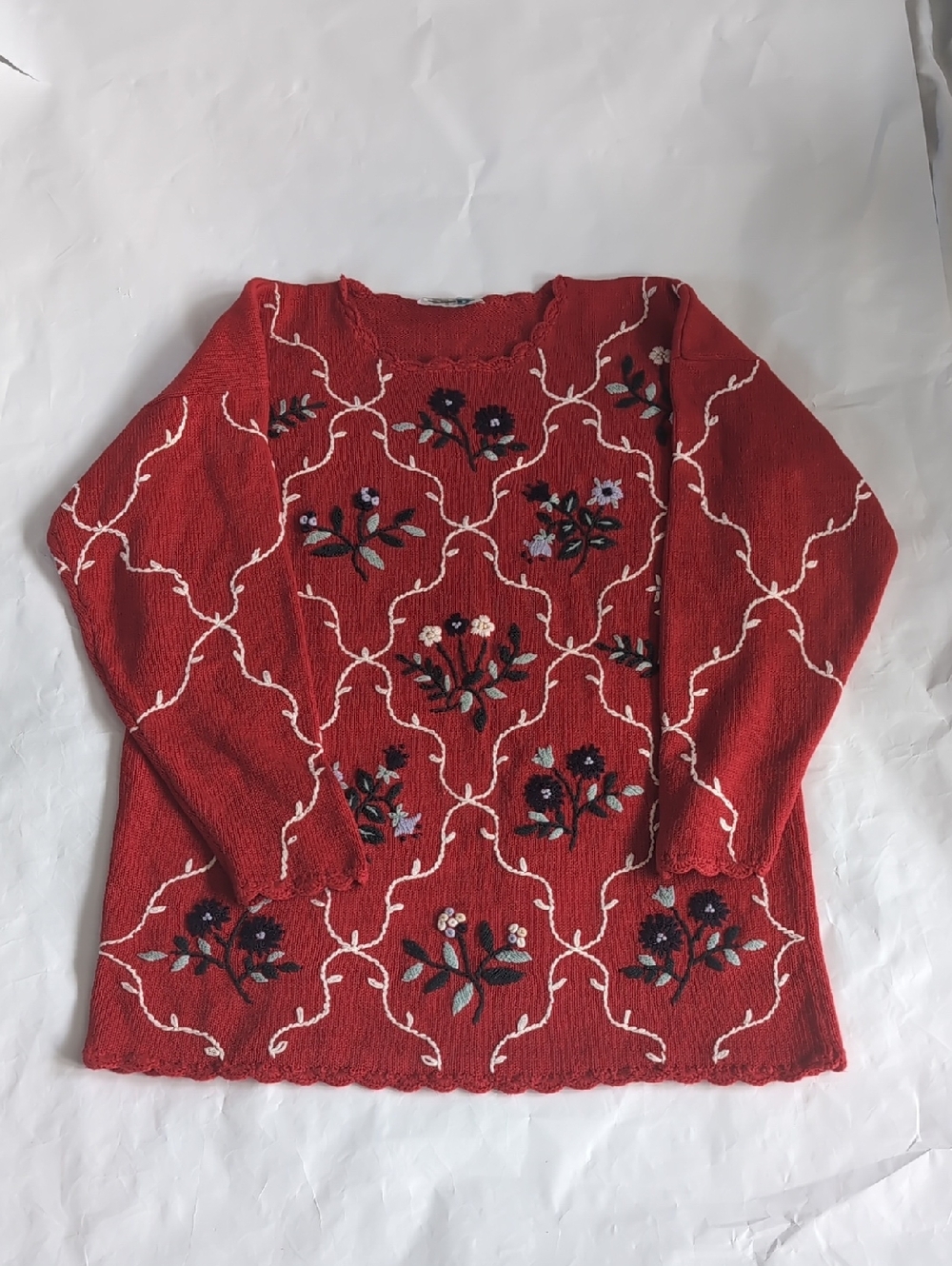 Paul Harris Design Red Floral Embroidered Knit Sweater